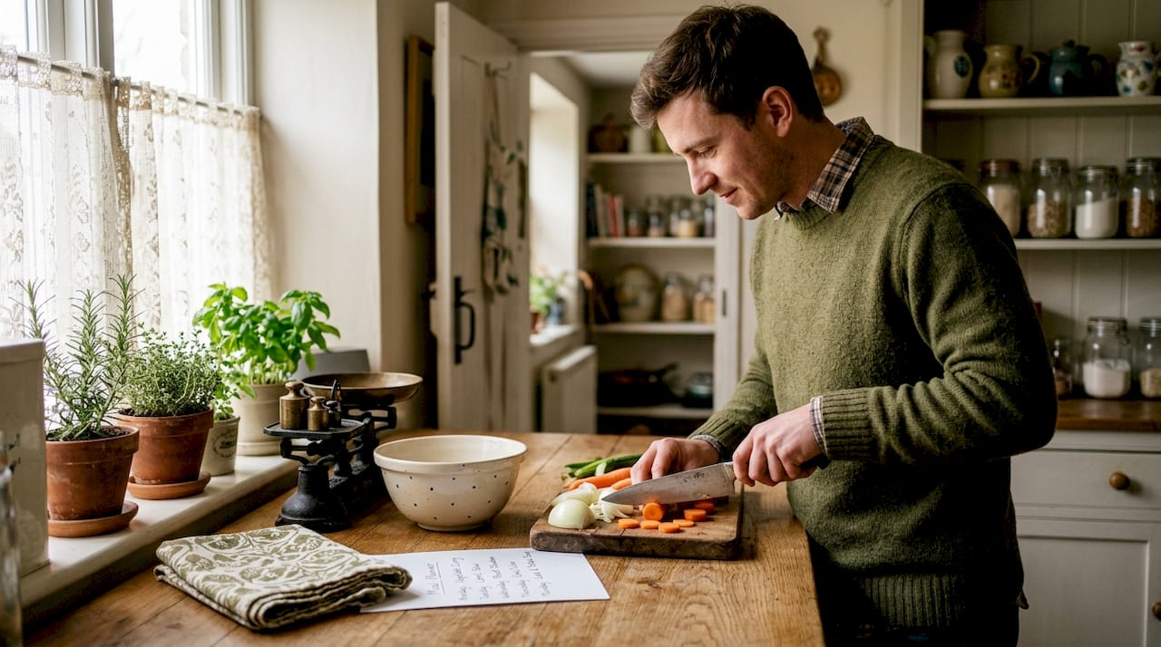 Man prepares healthy meal in kitchen