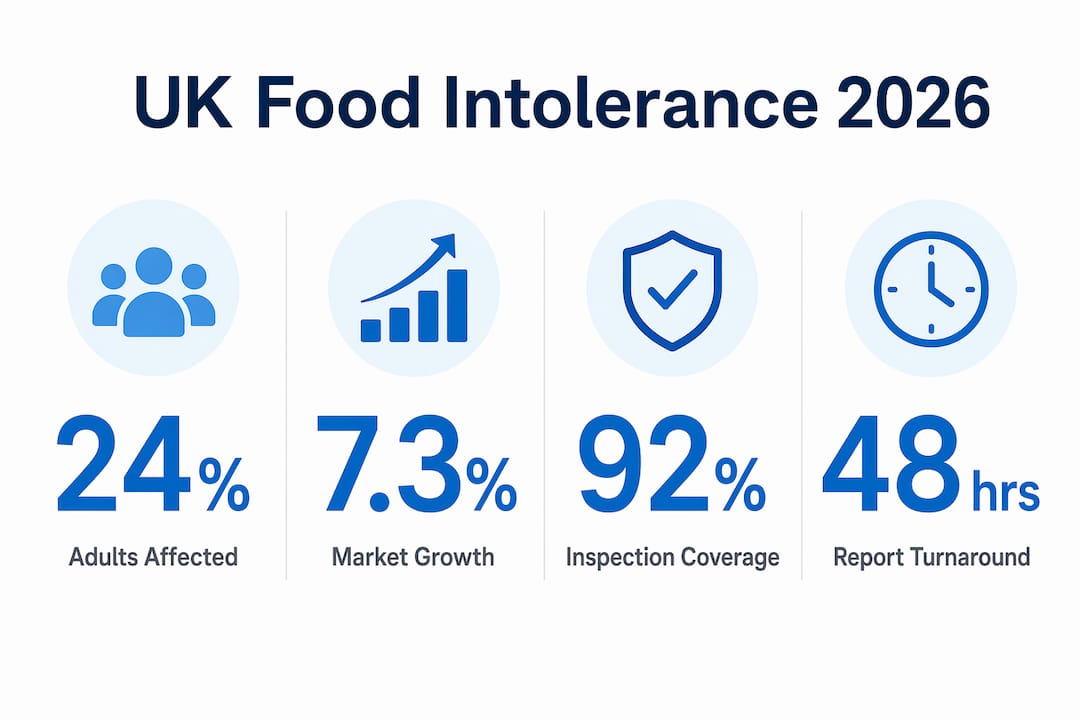 Infographic with key UK food intolerance statistics for 2026