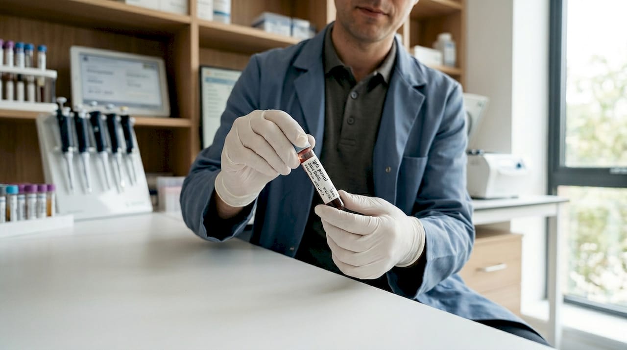 Gloved hands holding blood sample for testing