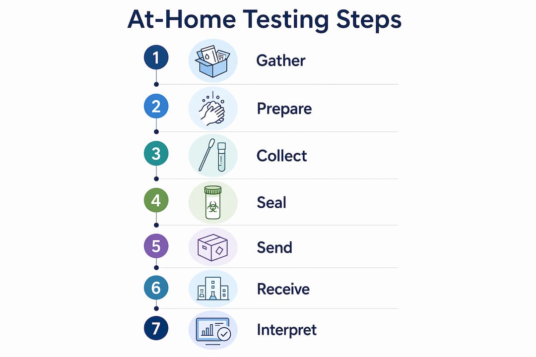 Infographic illustrating at-home testing steps flow