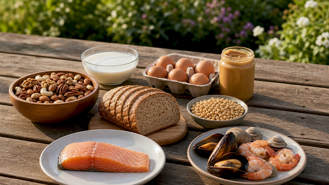 Flat lay of common kid allergen foods