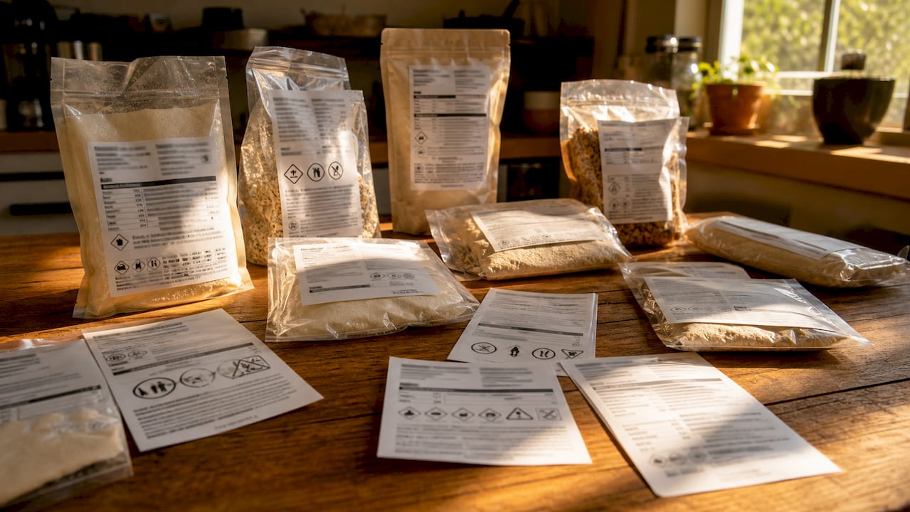 Close-up of food ingredient labels showing hidden allergens