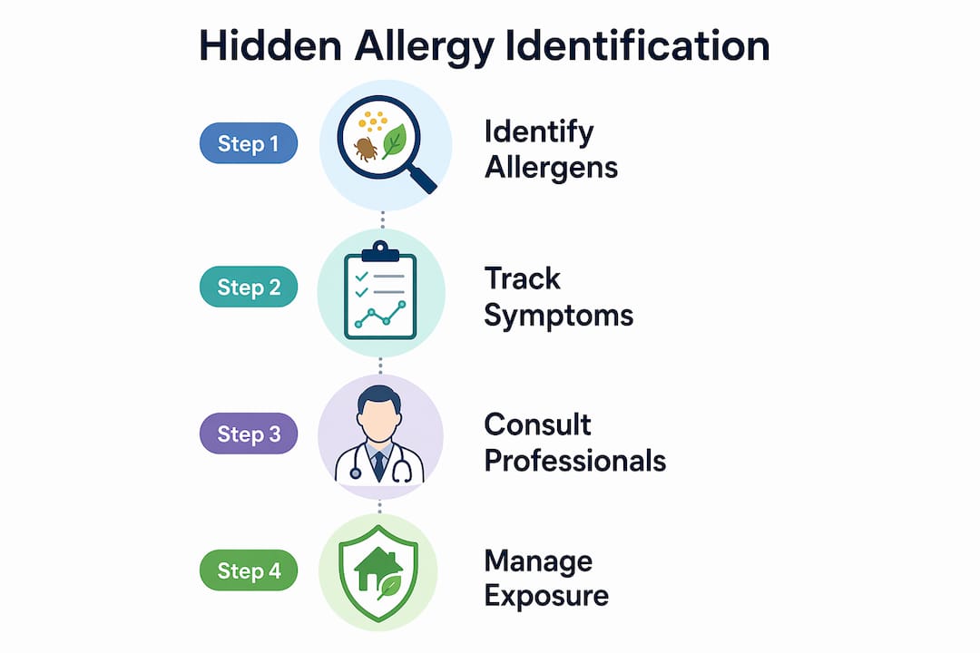 Infographic outlining steps to identify and manage hidden allergies