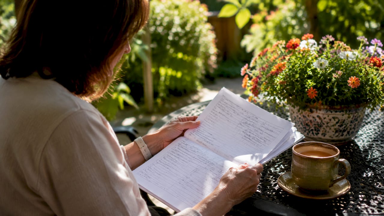 Hands reviewing symptom diary at kitchen table