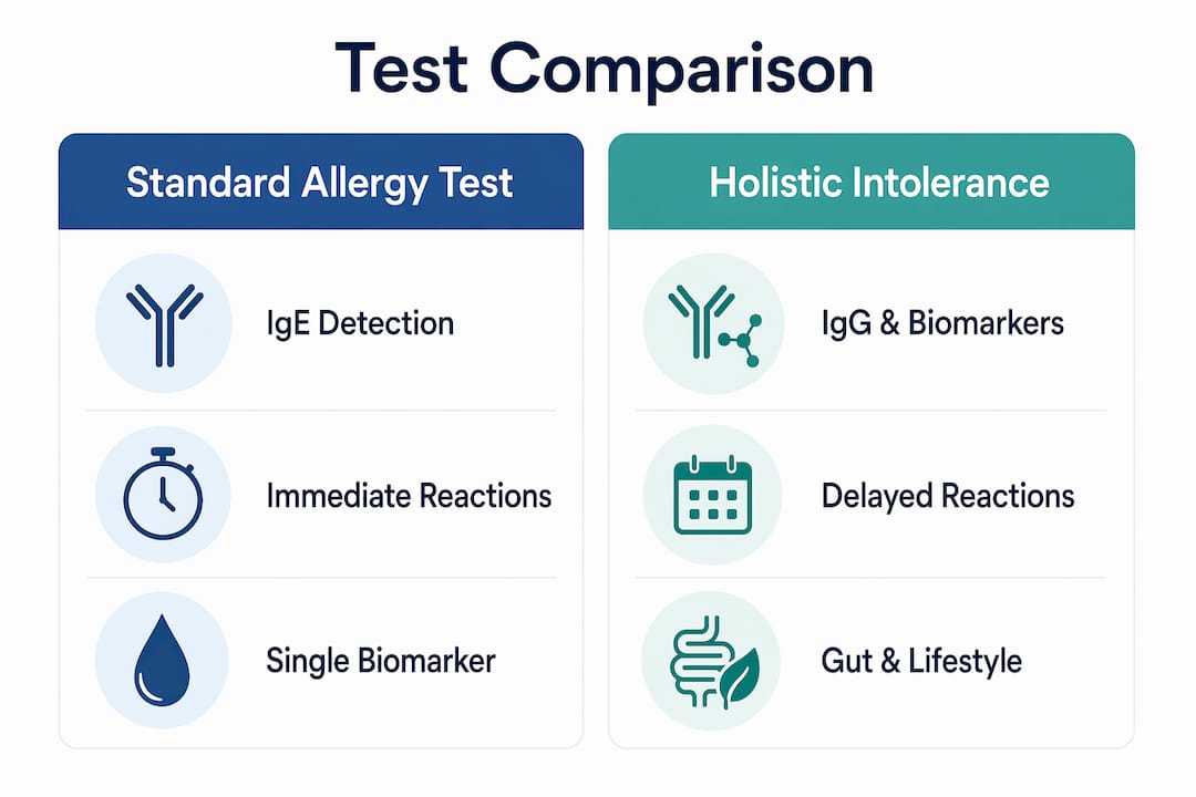 Infographic comparing holistic intolerance vs standard allergy tests