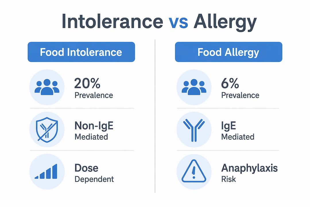 Infographic comparing food intolerance and food allergy characteristics