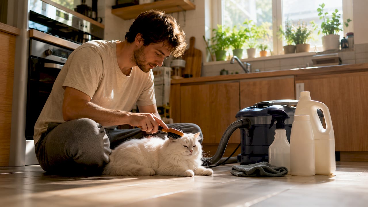 Man brushing cat to reduce pet allergens