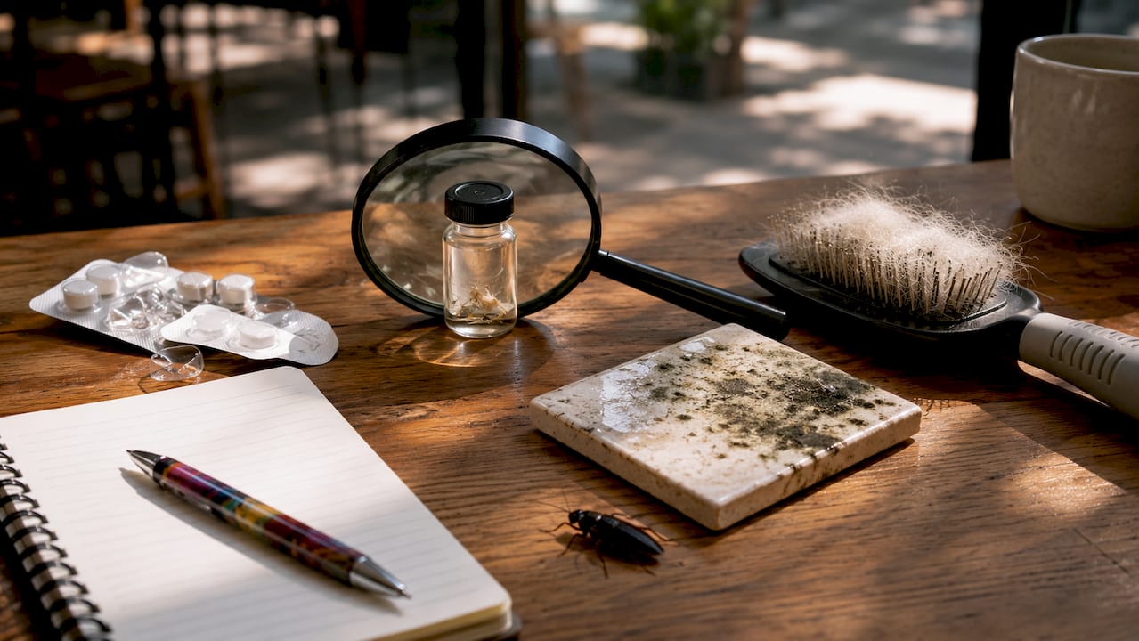 Desk with environmental allergen samples and tools