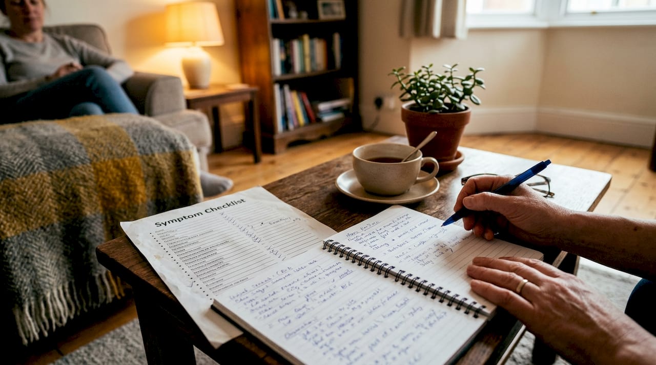 Overhead view of symptom checklist and consultation tools