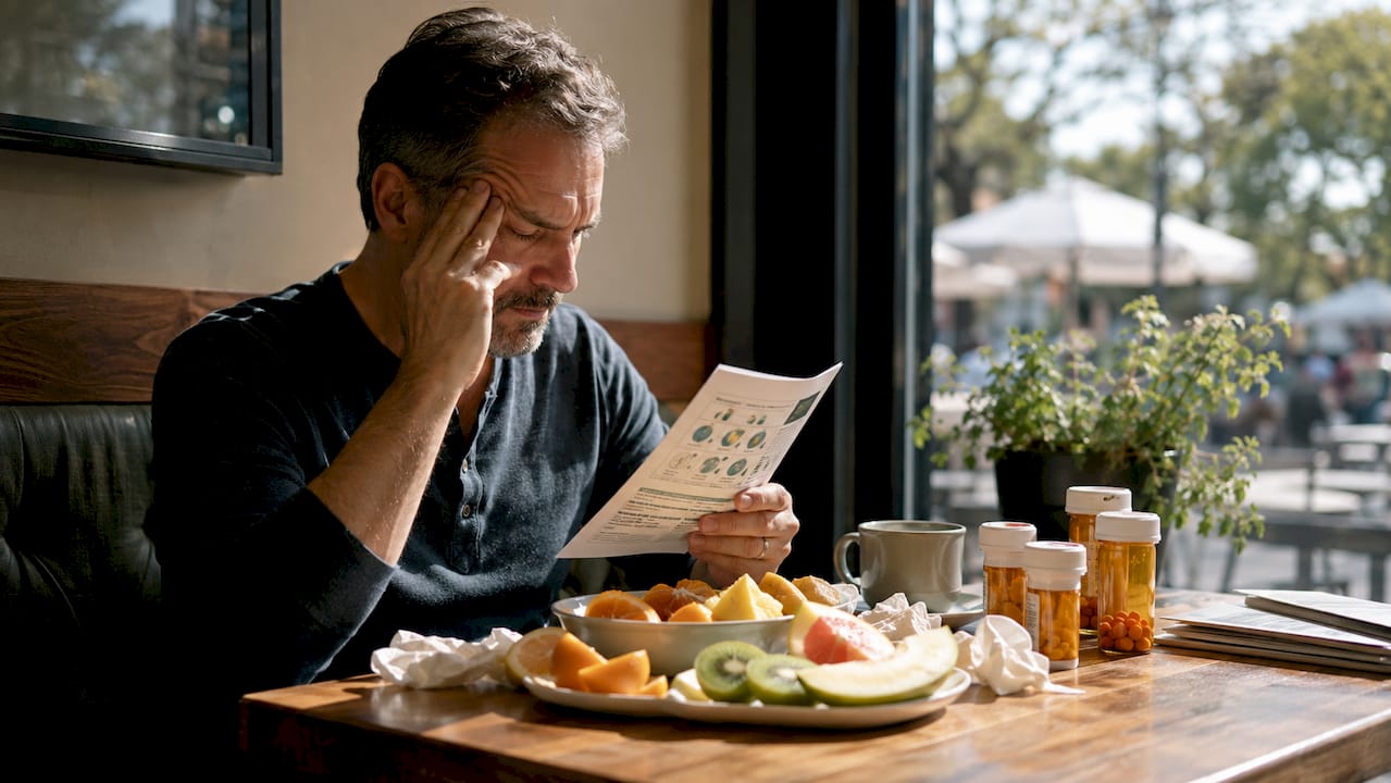 Man reading health brochure with symptoms
