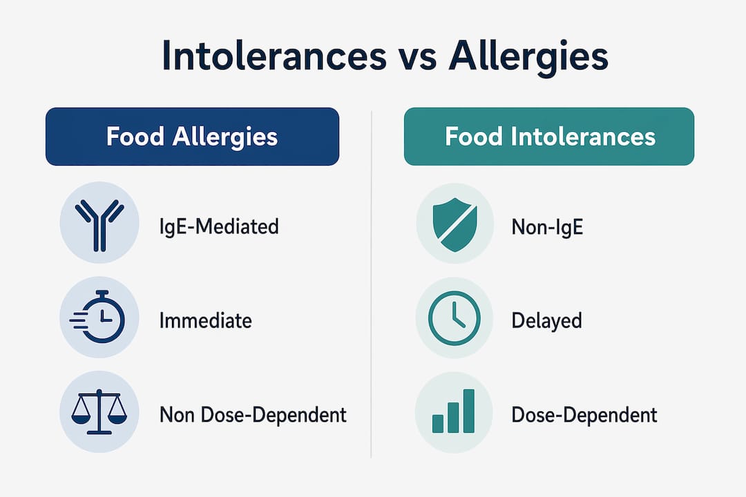 Infographic contrasting food allergies and intolerances