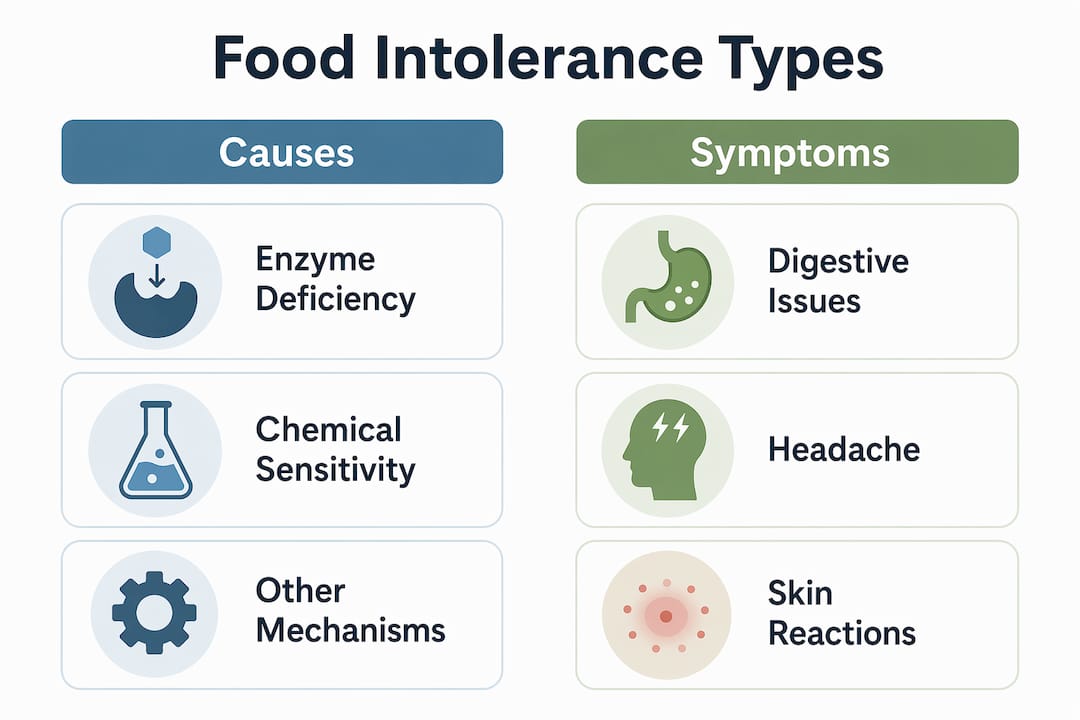 Infographic comparing food intolerance causes and symptoms