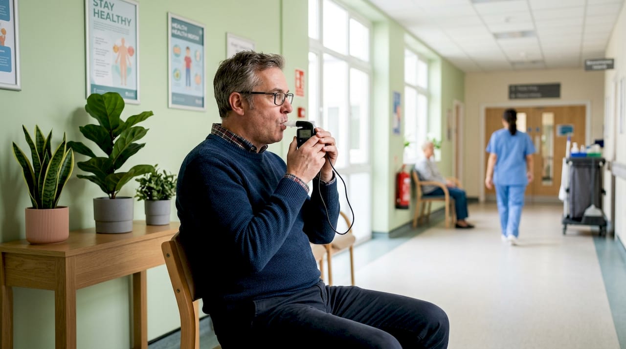 Patient performing hydrogen breath test