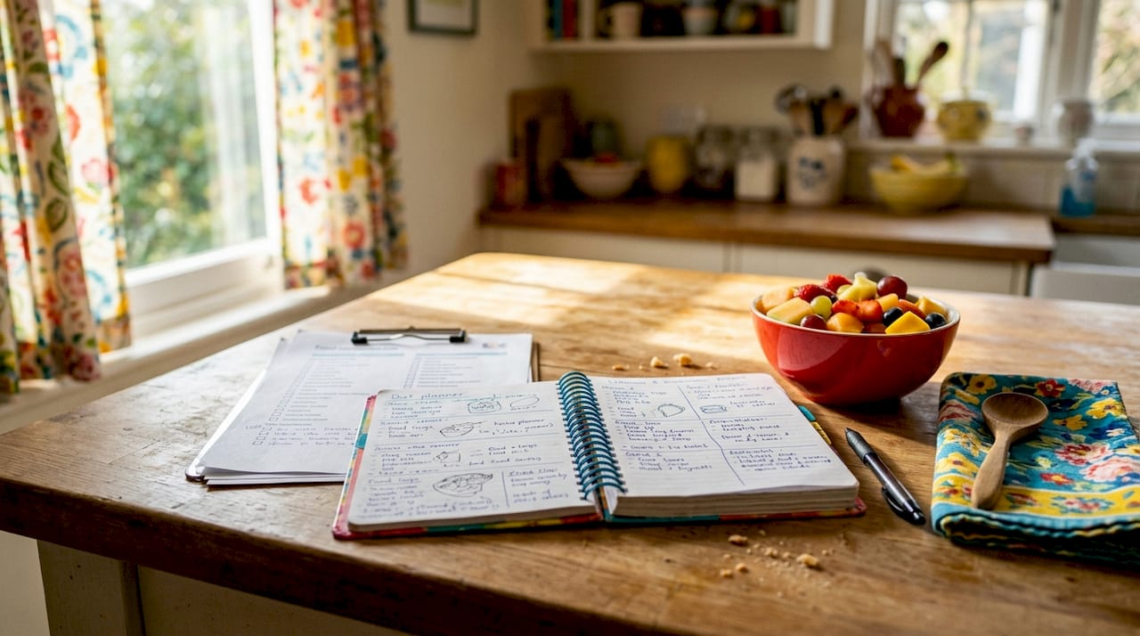 Overhead view of diet planning materials and food