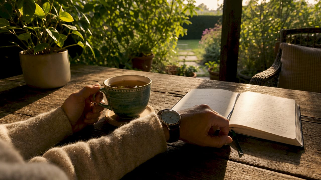 Hands checking time with tea cup during symptom tracking