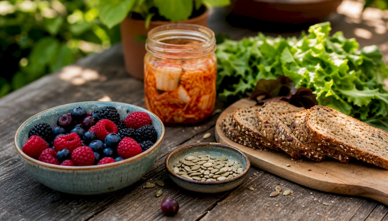 Assortment of fresh foods promoting gut health