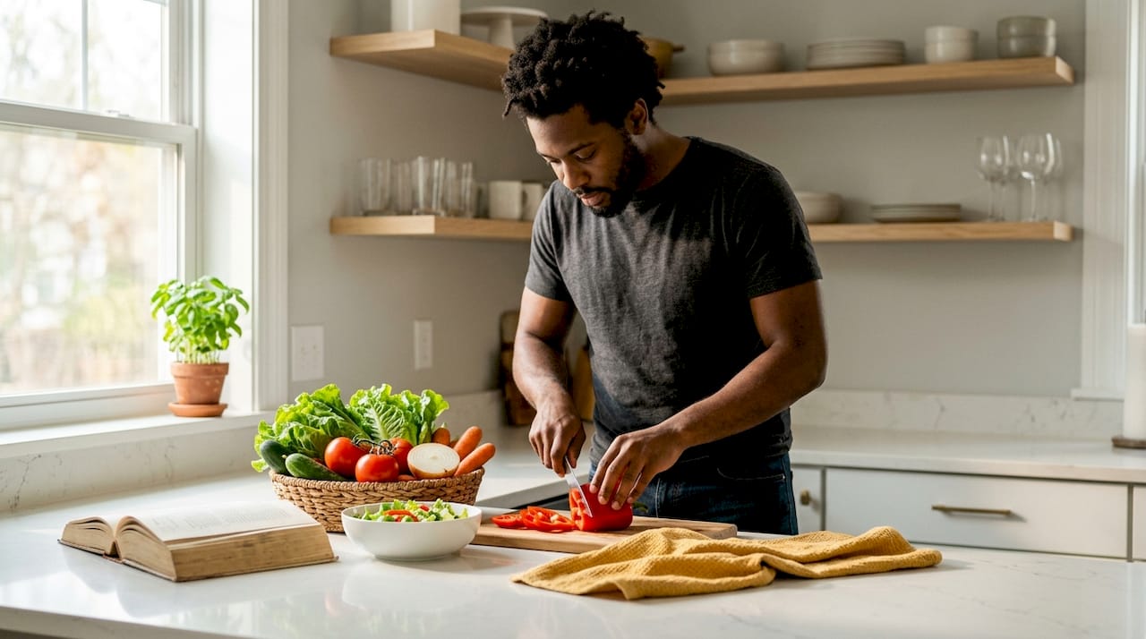 Hands preparing fresh vegetable salad for elimination diet