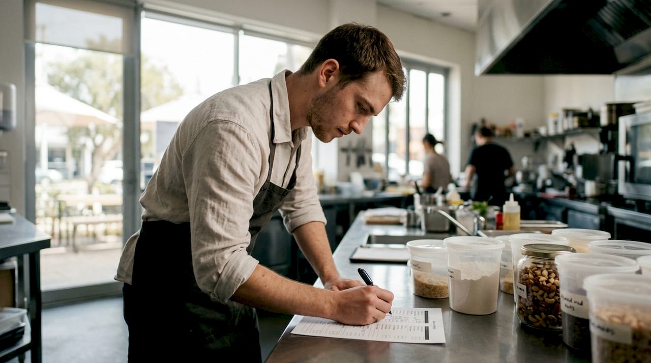 Food service worker annotates allergen list