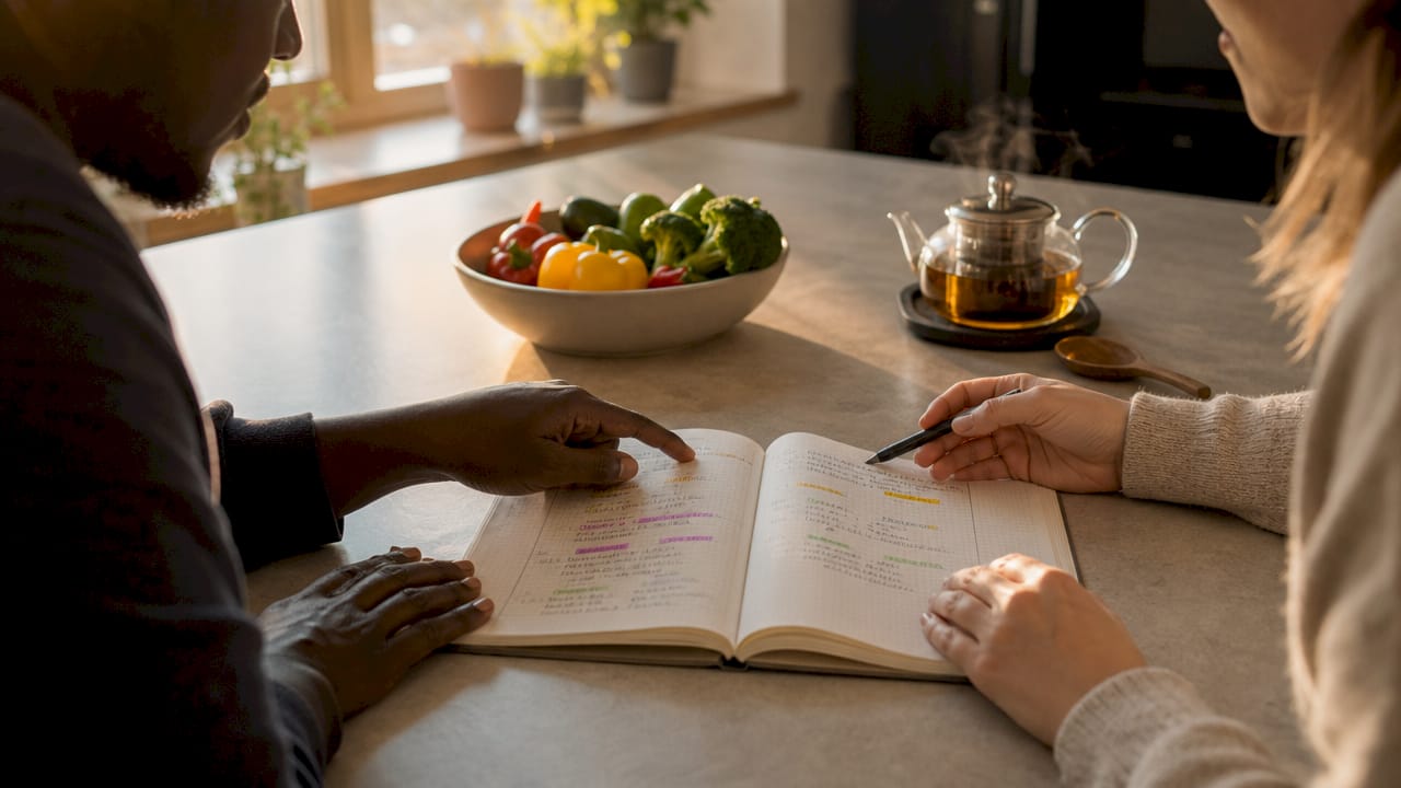 Hands reviewing food diary for intolerances