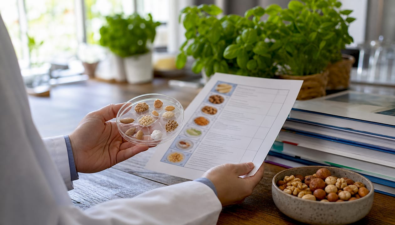 Healthcare hands holding allergen samples and checklist