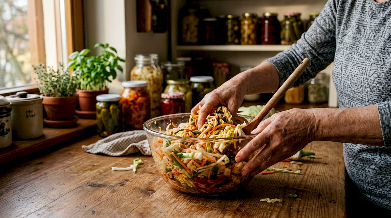 Hands holding fermented foods for gut health