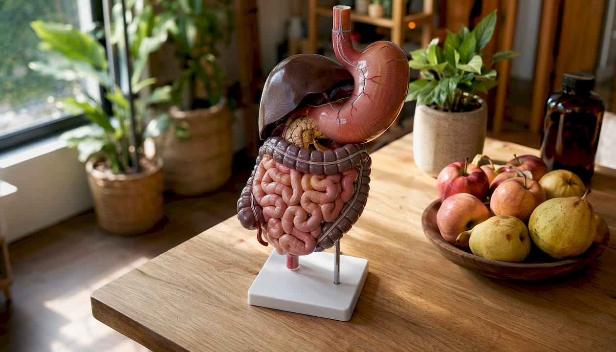 Anatomical digestive system model on clinical table