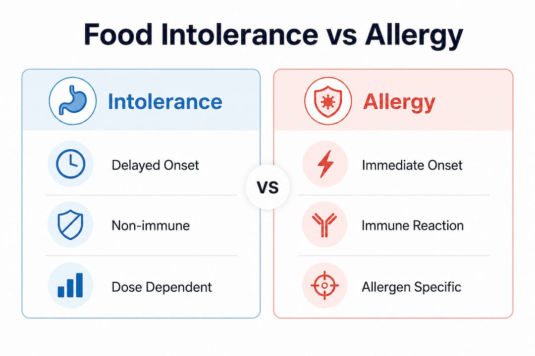 Infographic comparing food intolerance and allergy features