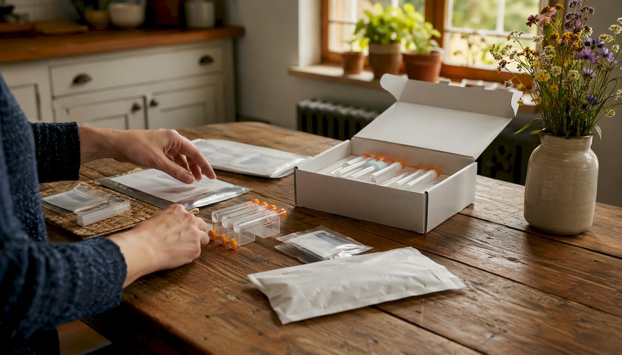 Hands preparing home IgG food test kit