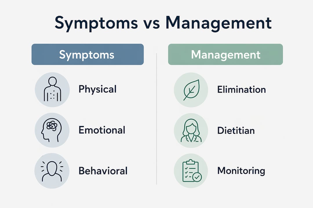 Infographic comparing symptoms and management of food intolerance in children