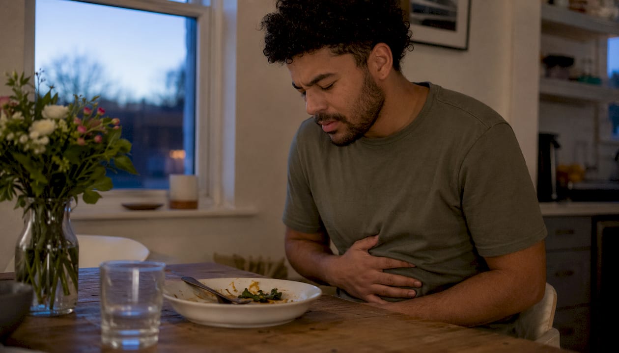 Young man showing abdominal discomfort on sofa