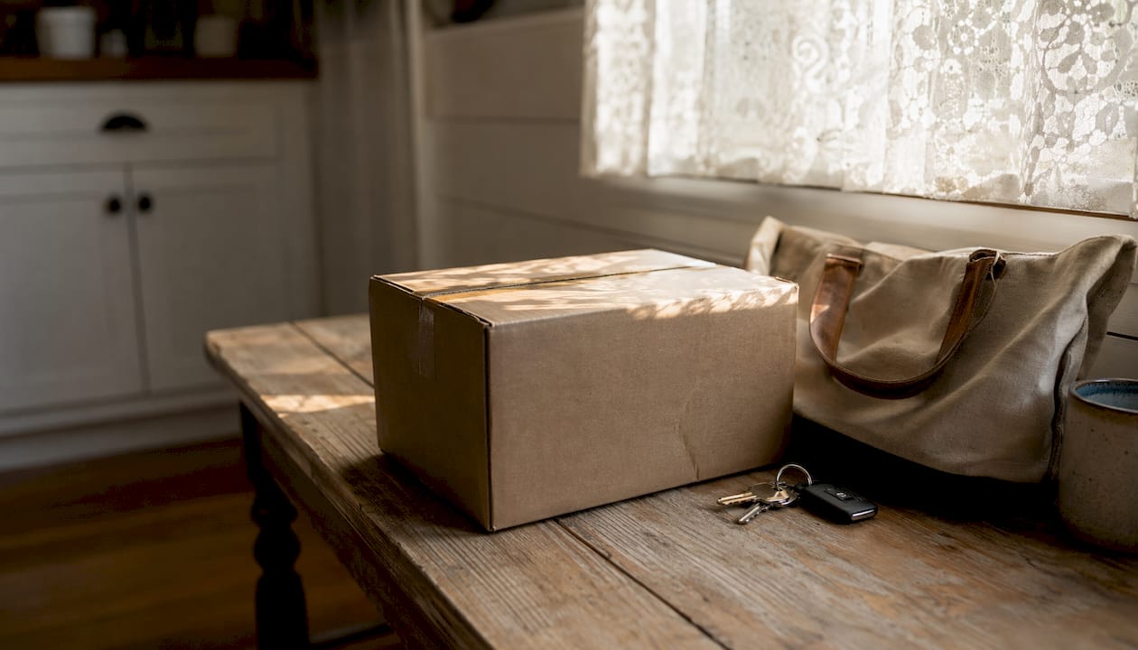 Delivery parcel of at-home test kit on hall table
