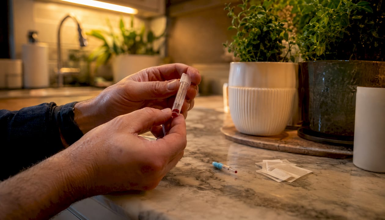 Close-up of home blood sample collection hands