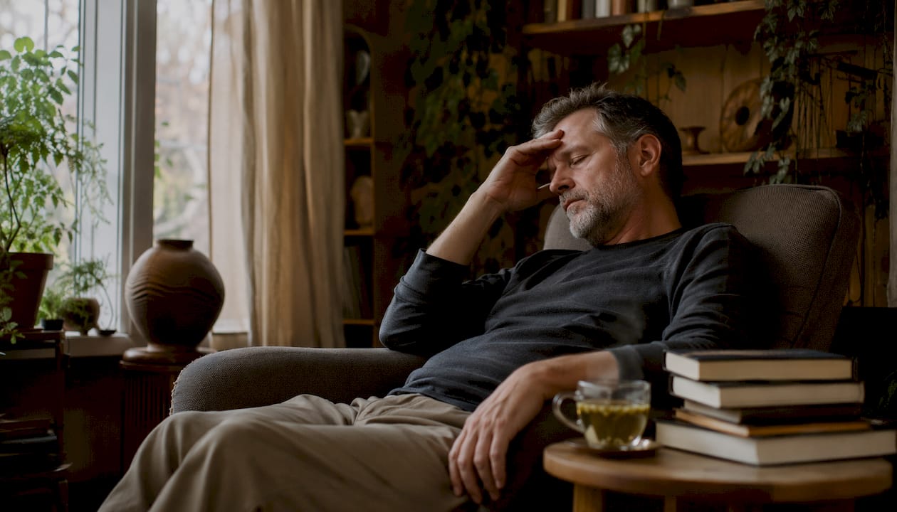 Stressed man at office desk with tea