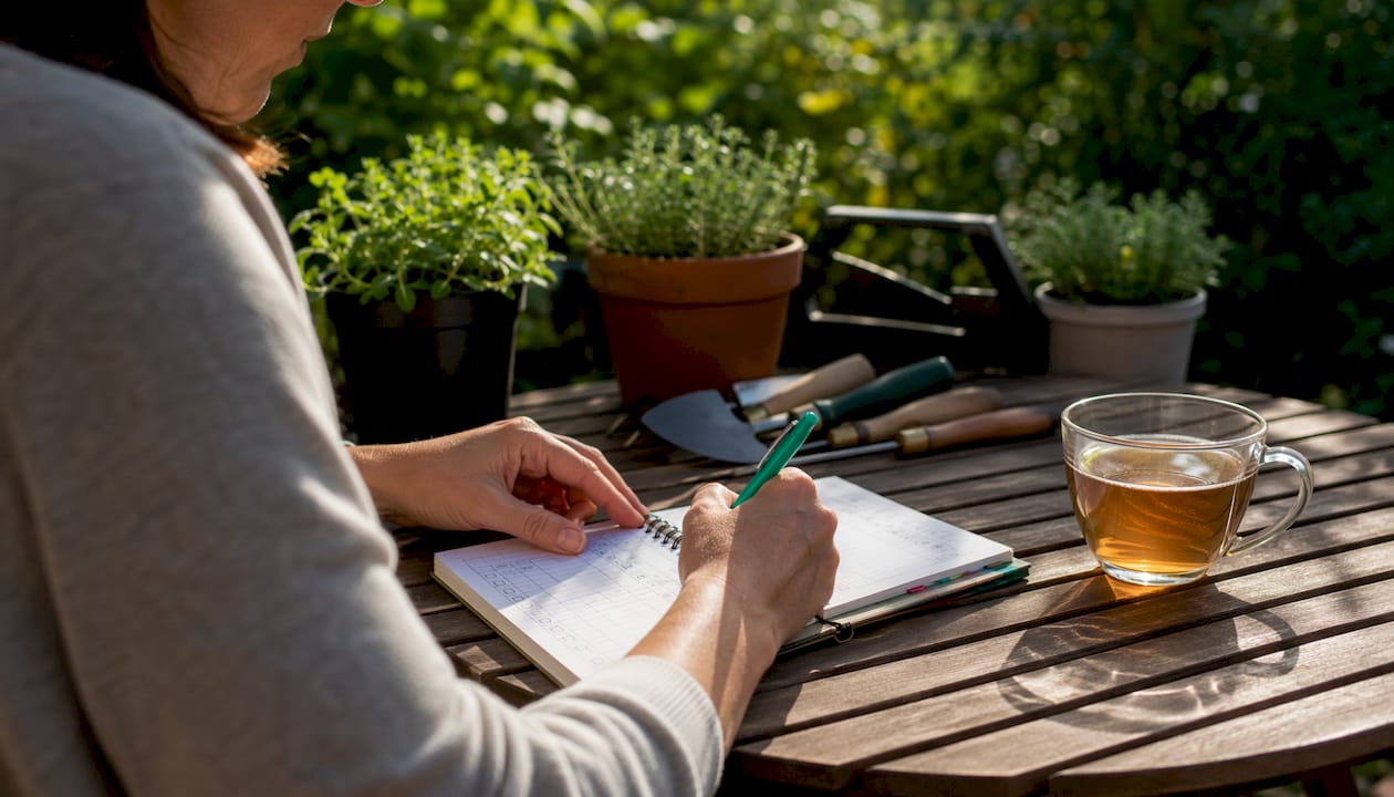Hands writing symptom diary during elimination diet