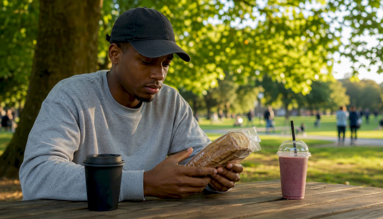 Man reviewing gluten-free bread at café table
