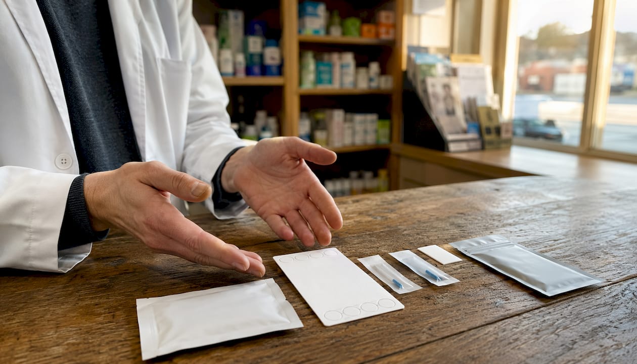 Pharmacist’s hands demonstrating test kit parts