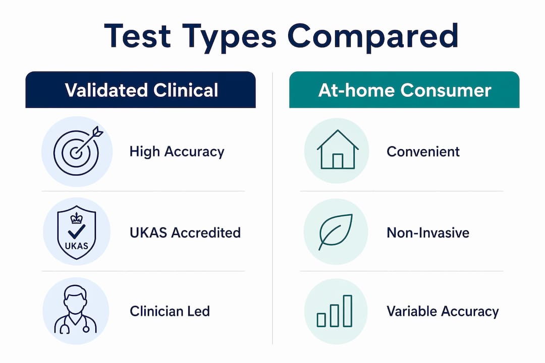 Infographic comparing validated clinical and at-home consumer tests