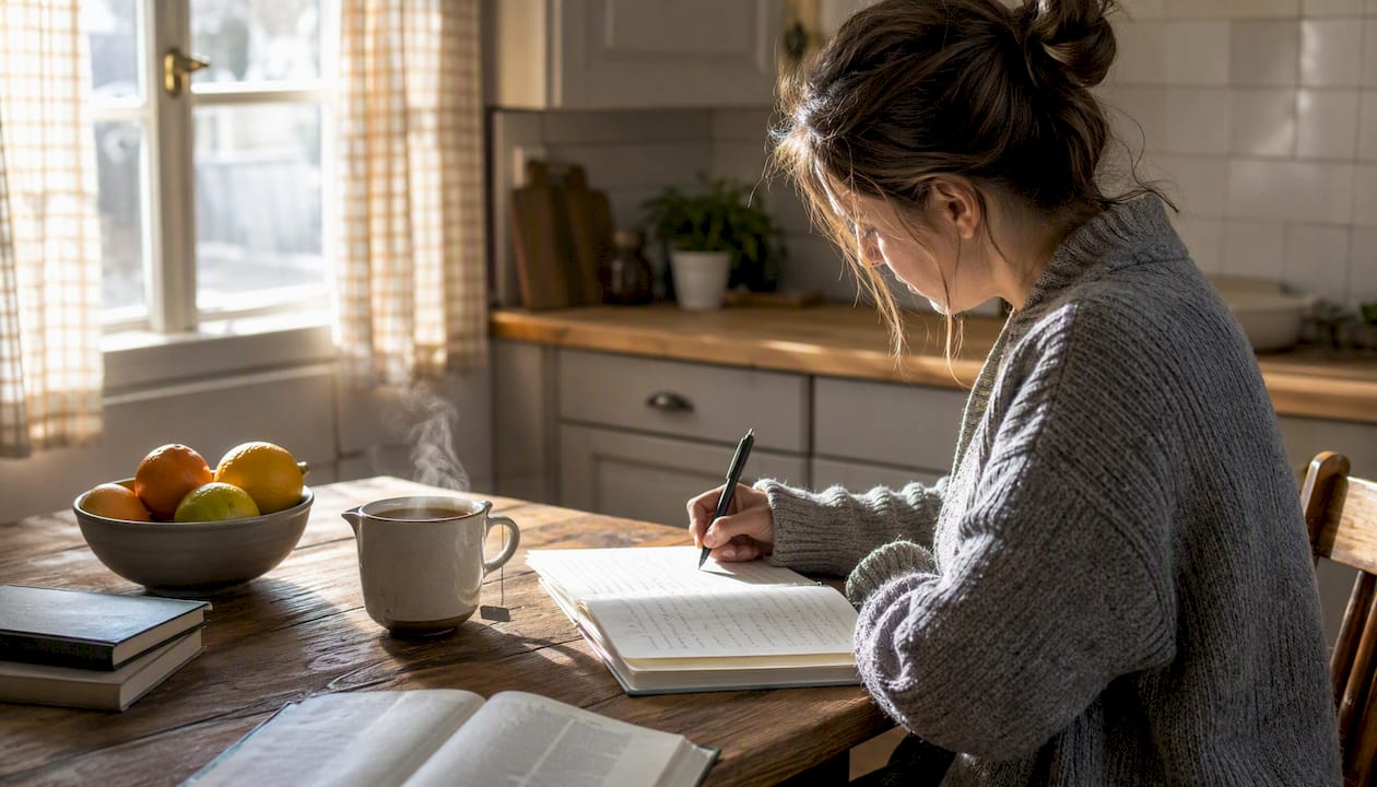 Hands writing food and symptom diary in notebook
