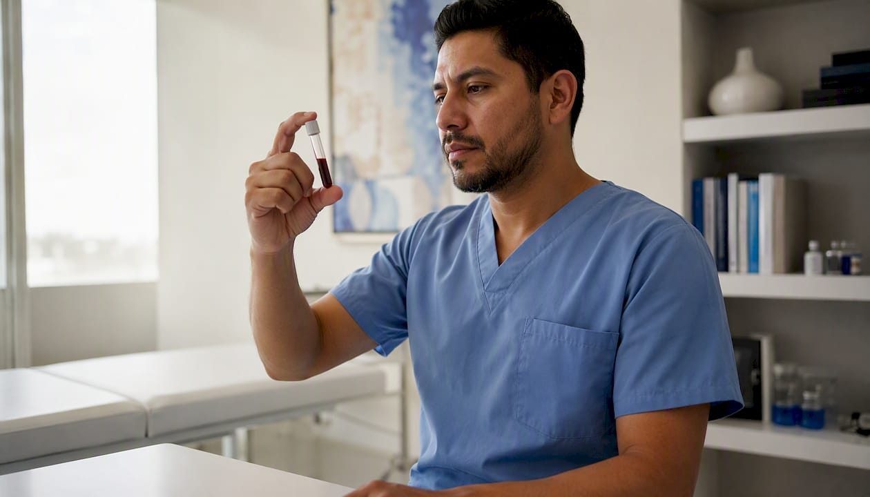 Hands holding blood sample for DAO enzyme testing