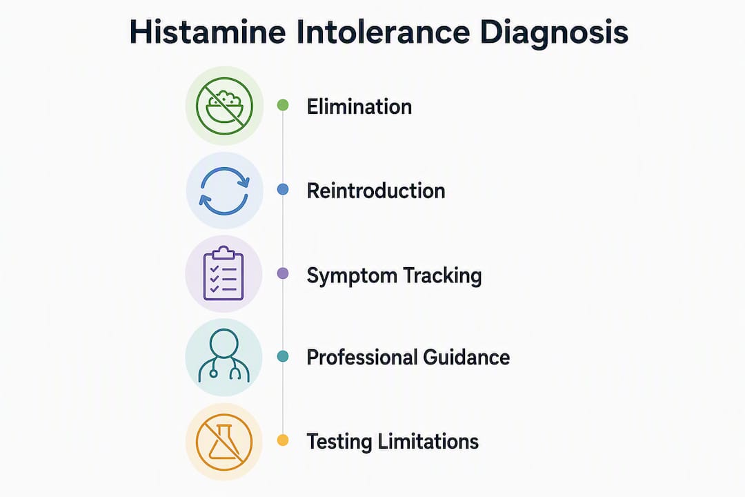 Infographic illustrating steps in histamine intolerance diagnosis
