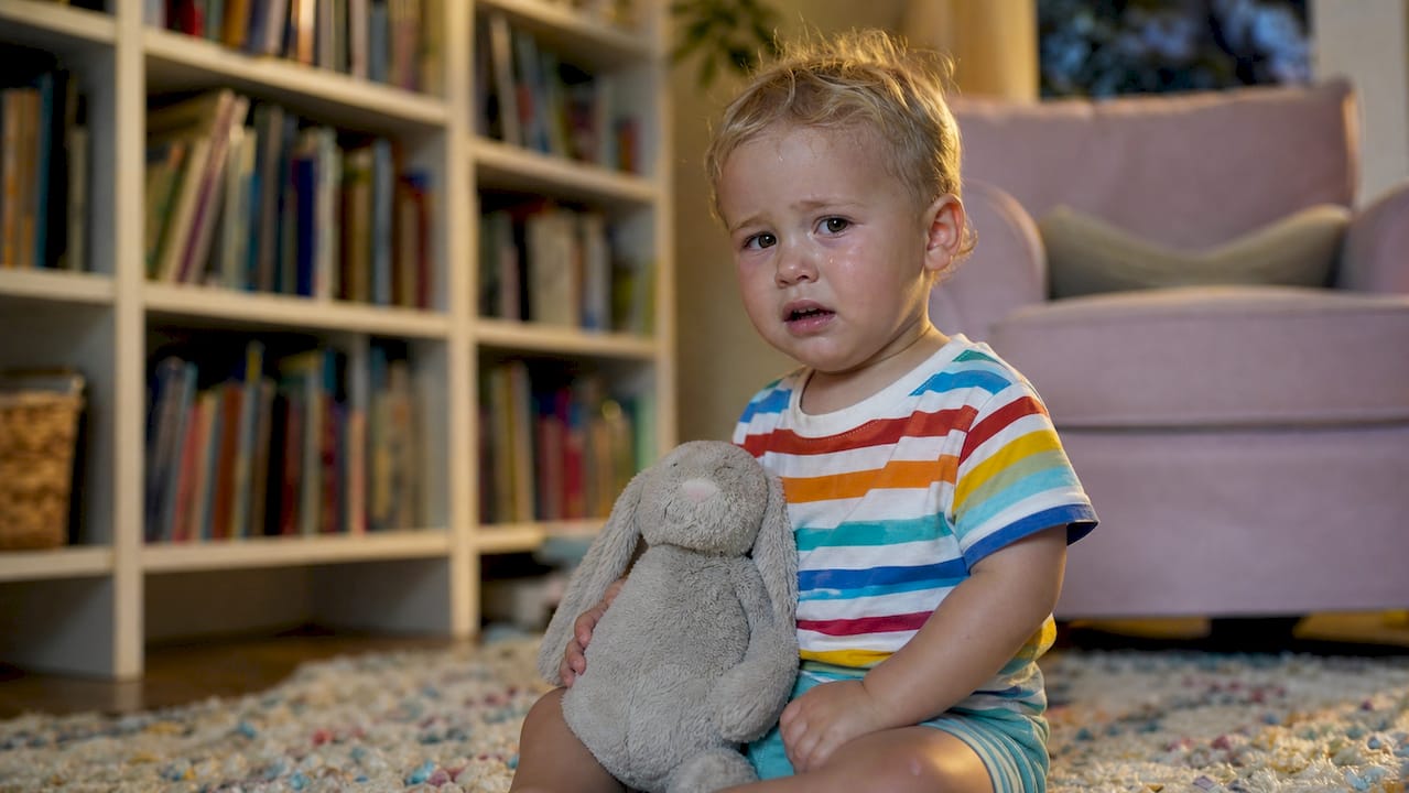 Toddler sitting on kitchen floor looking unwell