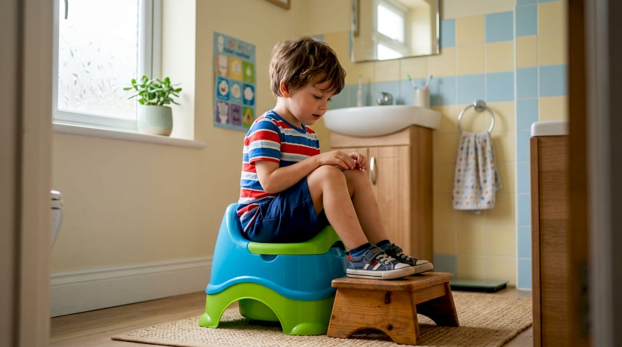 Young boy sitting on potty with foot stool