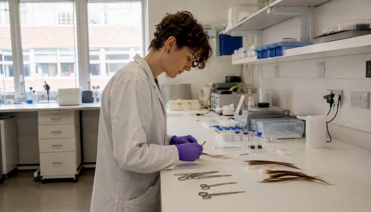 Close-up of technician trimming hair strands in lab