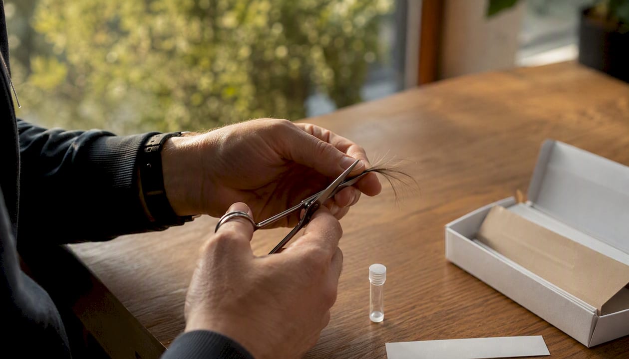 Hands collecting hair sample for testing