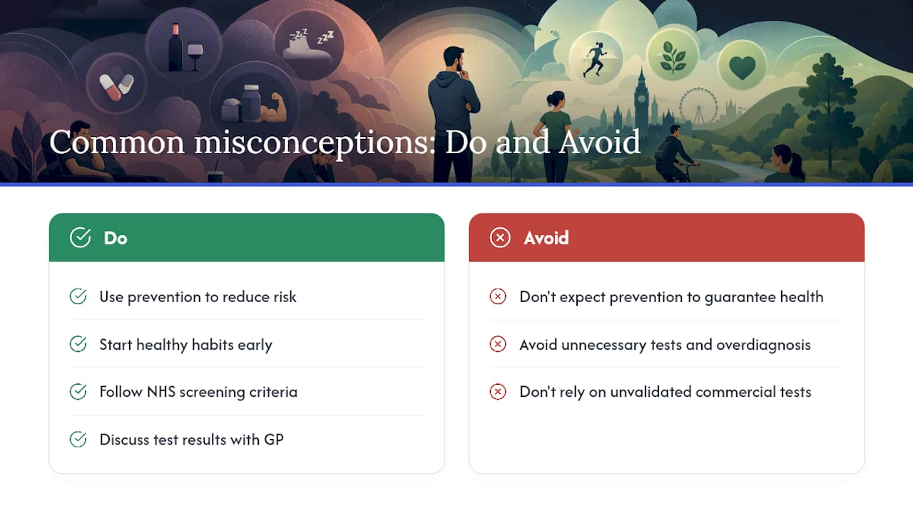 Common limits, harms, and misconceptions about preventative health — overview diagram