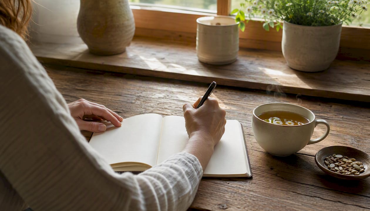 Hands writing in food diary with tea nearby