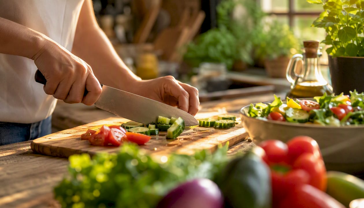 Hands weighing vegetables in kitchen