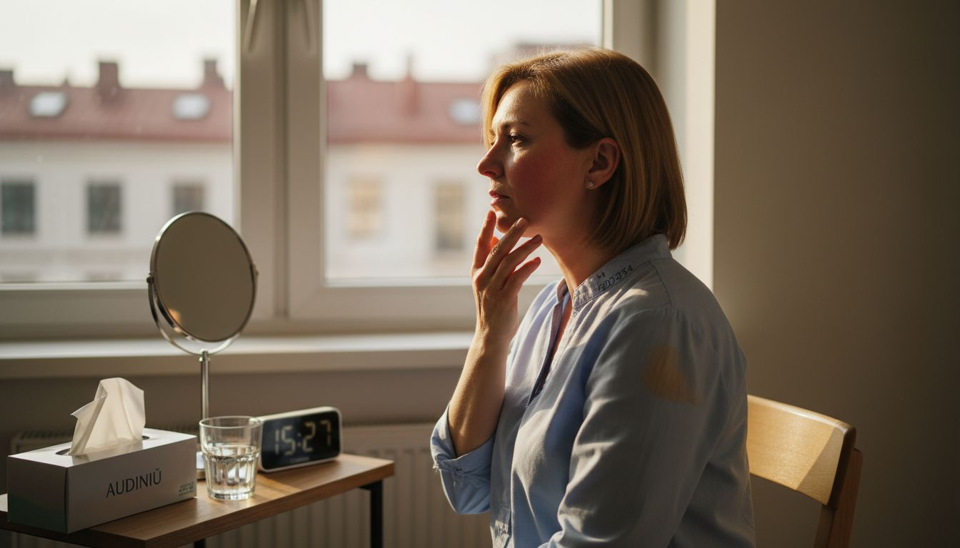 Moteris apžiūri savo odą po atliktos lazerinės procedūros.