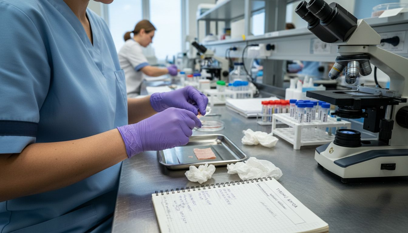Laborantas ruo&scaron;ia odos biopsijos mėginį tyrimams.