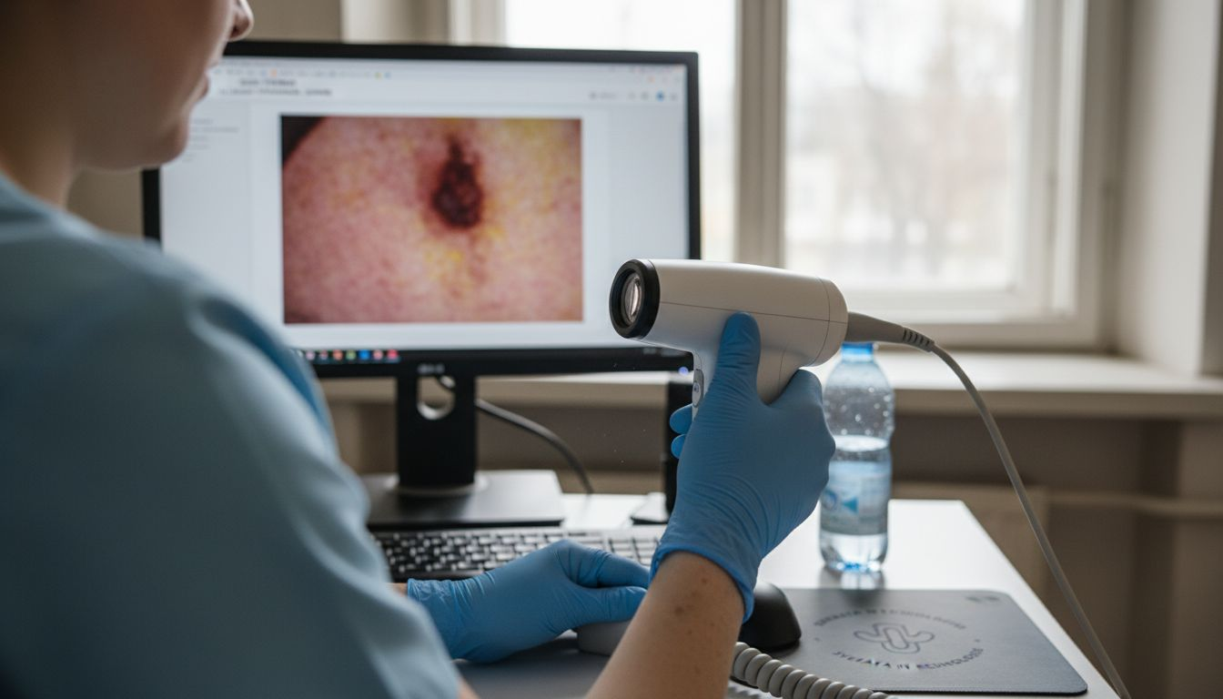 Gydytojas dermatologas apžiūrai naudoja skaitmeninį dermatoskopą